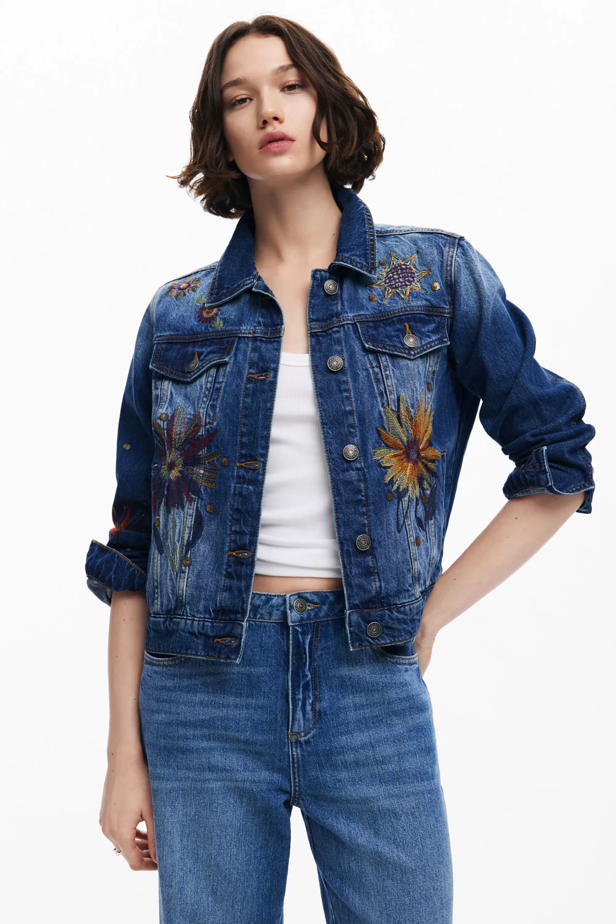 Desigual Coats And Jackets>Floral trucker denim jacket