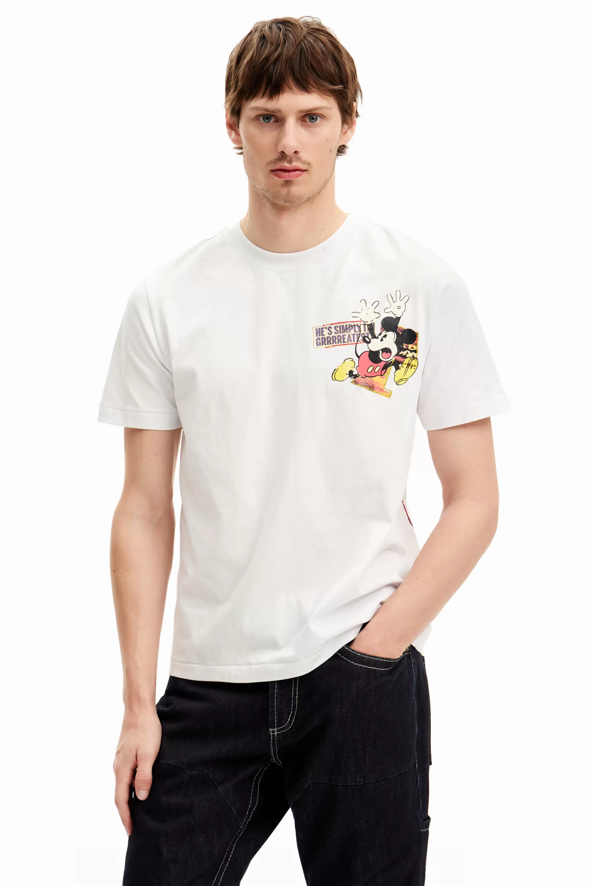 Desigual T-shirts>Short-sleeved Mickey Mouse t-shirt with a phrase.